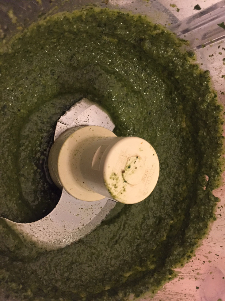 fresh basil pesto recipe with olive oil and cheese in food processor Those Someday Goals