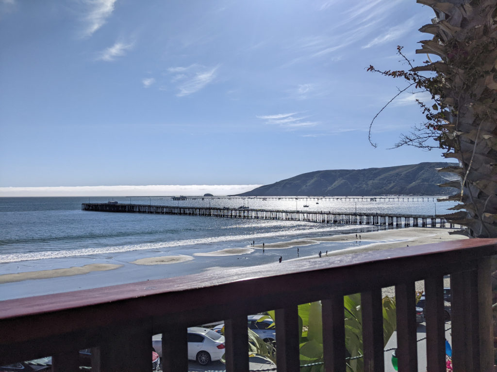 Andy's photo of the view of Avila Beach and pier from our balcony at Inn at Avila Beach Avila Beach hotel Those Someday Goals