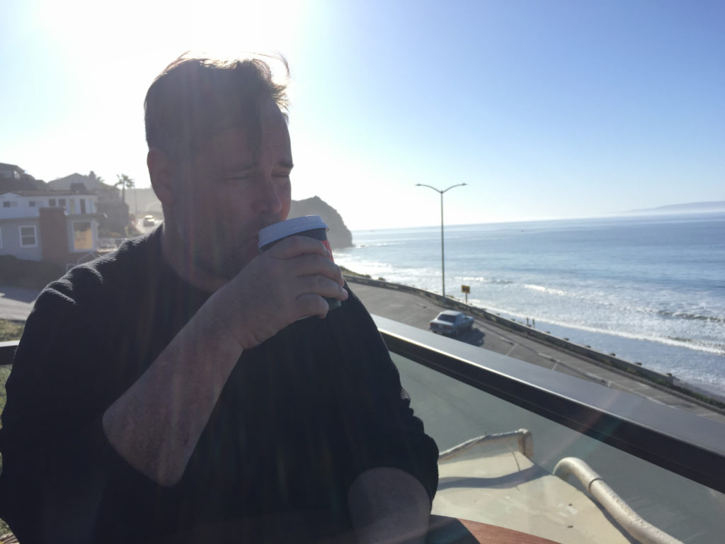 Andy enjoying his morning tea at Joe Mommas Coffee Rooftop Sundeck Cafe Inn at Avila Beach Those Someday Goals