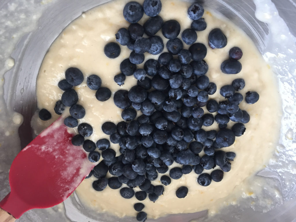 blending blueberries with red spatula Blueberry Lemon Bread Recipe baking Those Someday Goals