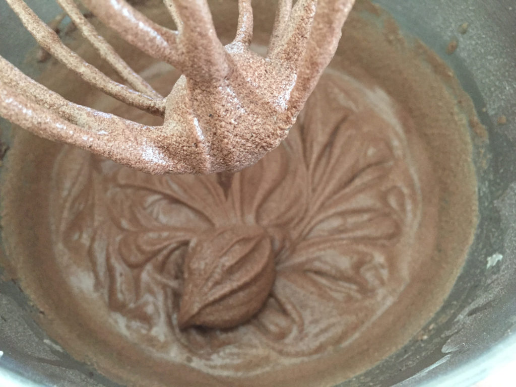 Mixing in the cocoa powder with stand mixer and beater attachment Chocolate Pound Cake Recipe Loaf Those Someday Goals