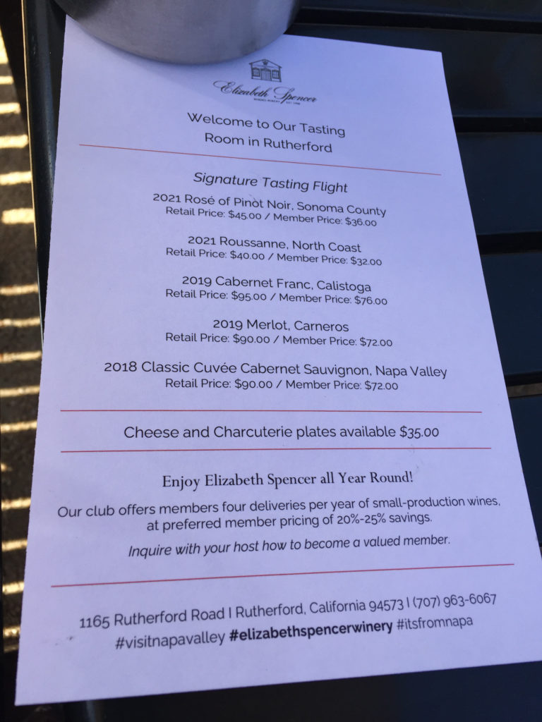 Signature Tasting Menu Napa Valley Winery Elizabeth Spencer Tasting Room Those Someday Goals