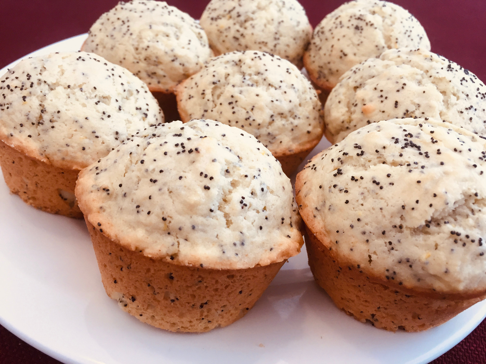 Cooling finished muffins on a white plate Lemon Poppy Seed Muffins baking Those Someday Goals