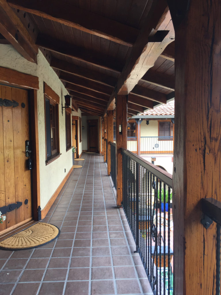 Wooden beams and columns of the hallway Rancho Caymus Inn Napa Valley Hotel Rutherford California Those Someday Goals