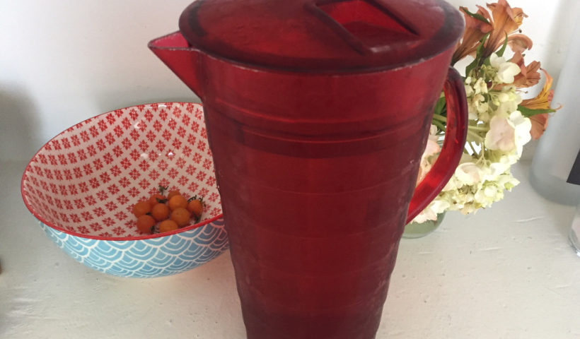 Red water pitcher printed bowl with tomatoes and flowers those someday goals