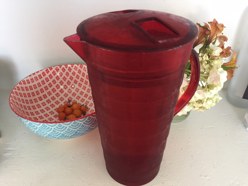 Red water pitcher printed bowl with tomatoes and flowers those someday goals