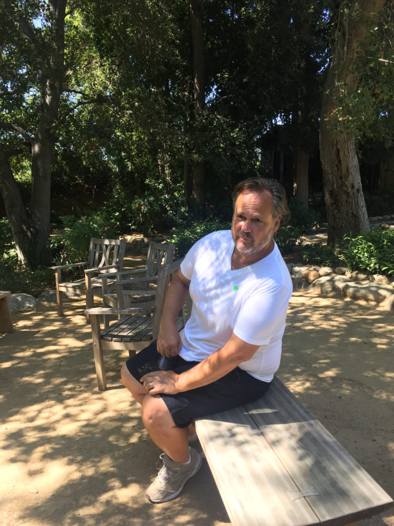 Andy on a bench at Storrier-Stearns Japanese Garden Pasadena Those Someday Goals