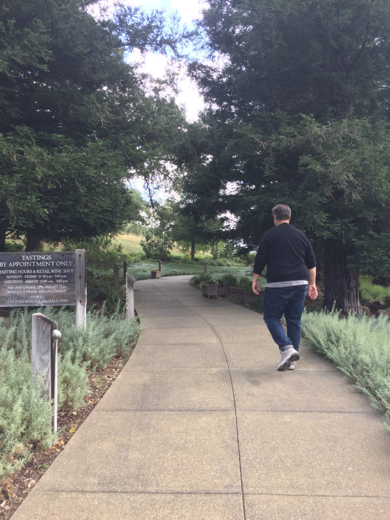 Andy walking into the entrance through the garden Napa Valley Wine Tasting Joseph Phelps Those Someday Goals