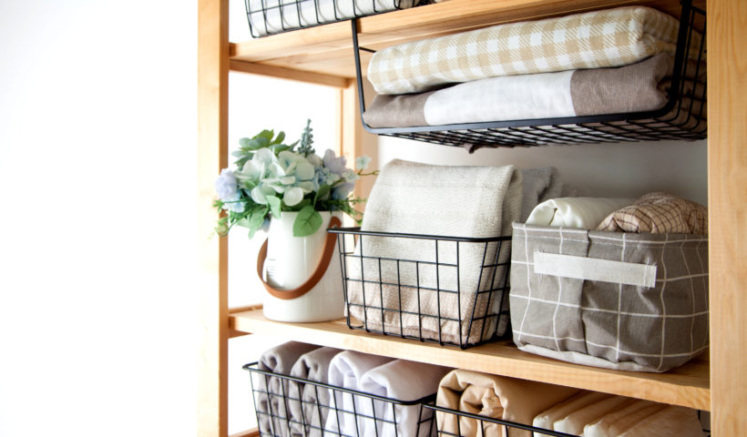 organizational bins linen shelves wire and fabric bins storage containers Those Someday Goals