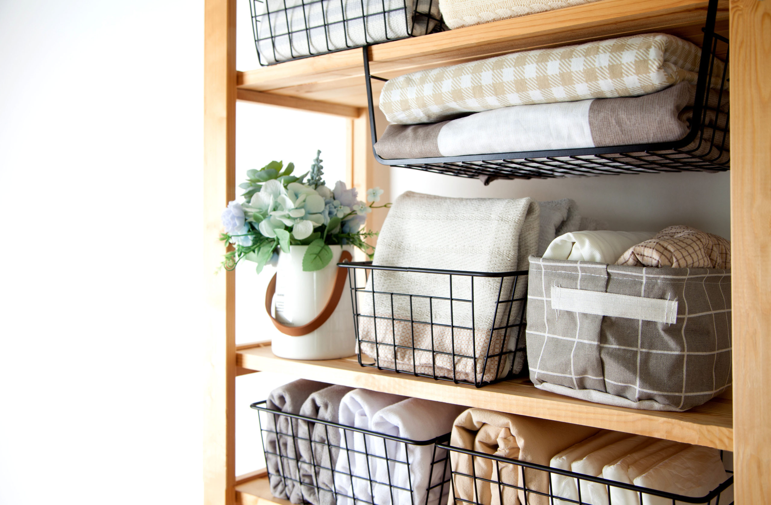 organizational bins linen shelves wire and fabric bins storage containers Those Someday Goals
