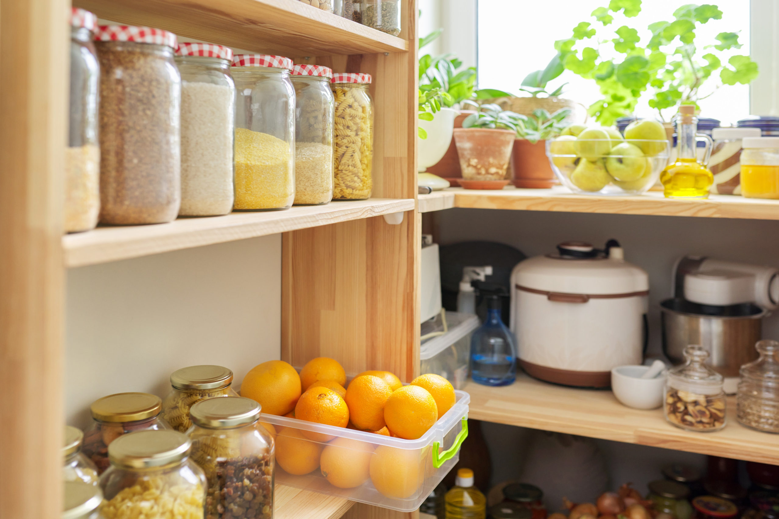 Organized pantry shelves reorganize a pantry fruit jars appliances shutterstock Those Someday Goals