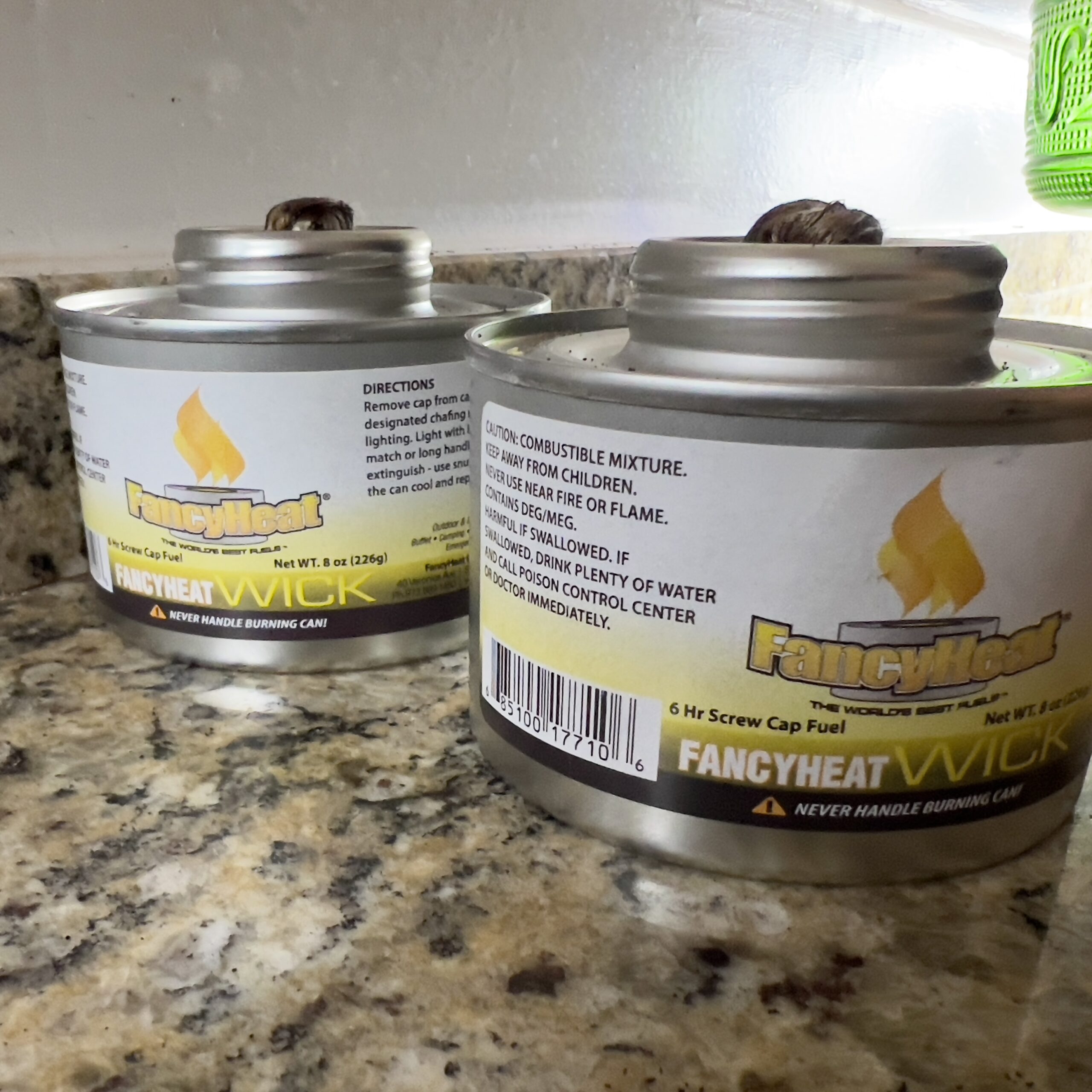 sterno cans catering tray fuel on a brown granite countertop decluttering challenge minimalism game those someday goals
