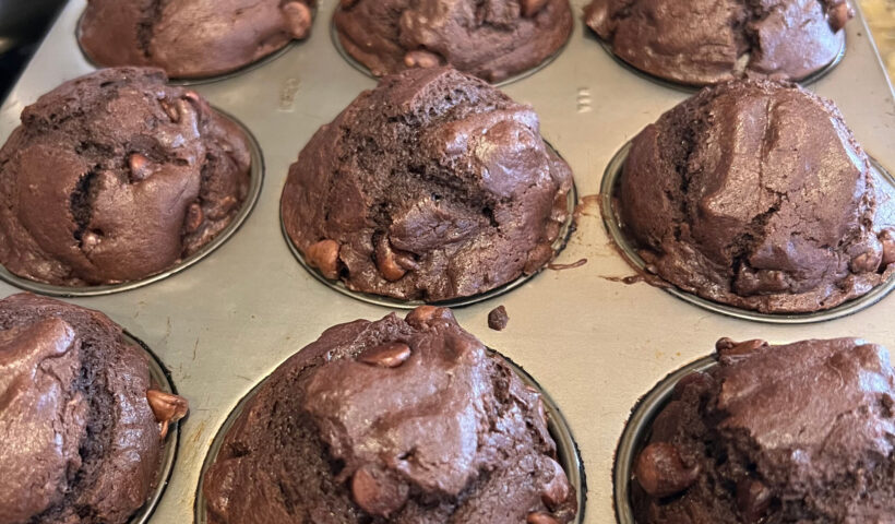 Double chocolate chip muffins in a muffin tin on a brown granite countertop. Those Someday Goals