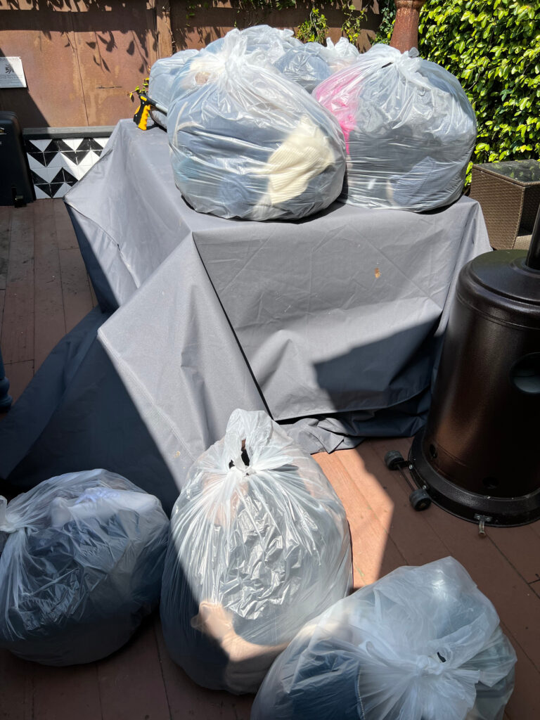 Clear bags of fast fashion waste from the alley on a table on a brown wood deck with a brown metal gate and ivy leaves in the background Those Someday Goals Fast fashion brands