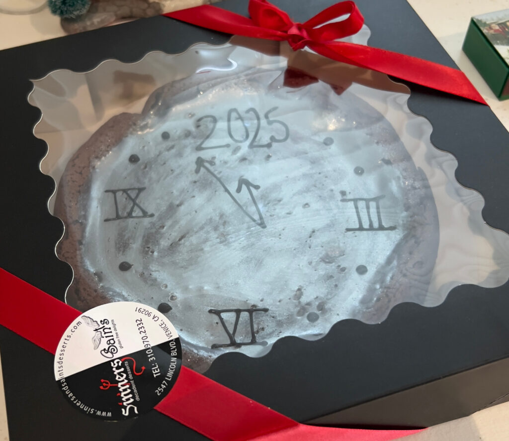 Sinners & Saints New Year Clock Chocolate Flourless Cake in the box Los Angeles bakeries Those Someday Goals