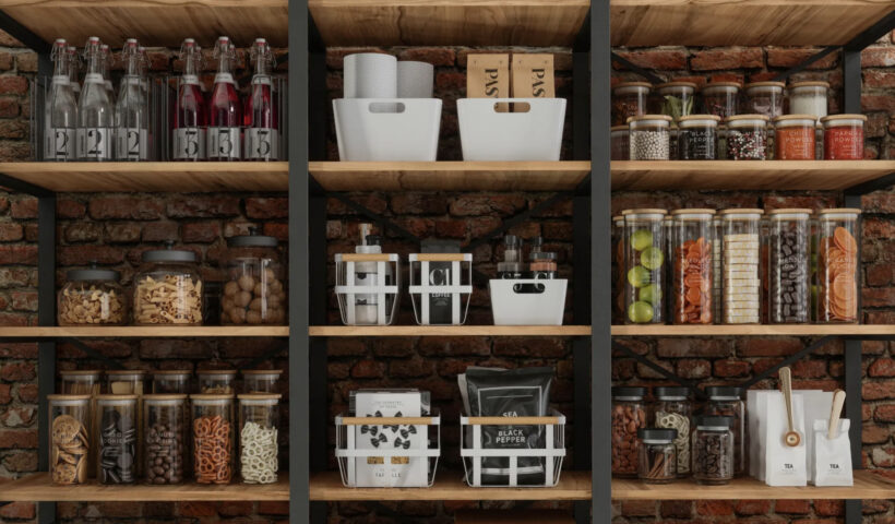 Organized Pantry with clear storage bins and containers with labels against a brick wall Those Someday Goals