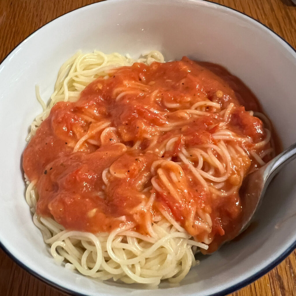 Roma tomatoes sauce over capellini is a quick and easy lunch with fresh ingredients Those Someday Goals