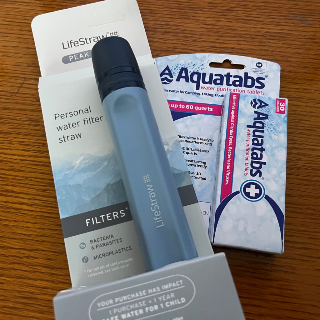 Water purification tablets and LifeStraw for emergency kit go bag supplies Those Someday Goals